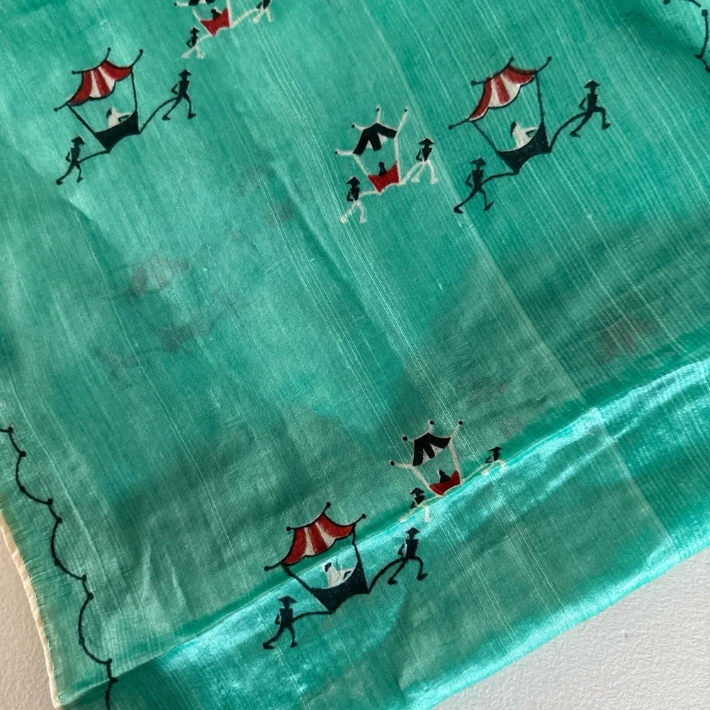 Vintage Hand Printed & Rolled Japanese Shantung Silk Scarf Elephants 11x38